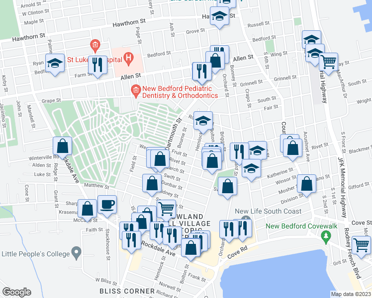map of restaurants, bars, coffee shops, grocery stores, and more near 7 Lombard Street in New Bedford