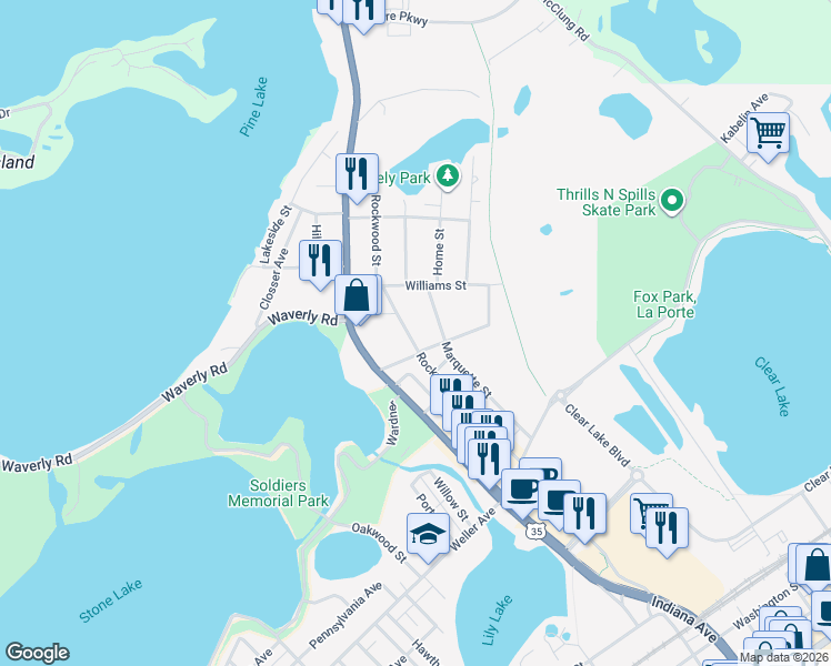 map of restaurants, bars, coffee shops, grocery stores, and more near 411 Rockwood Street in La Porte
