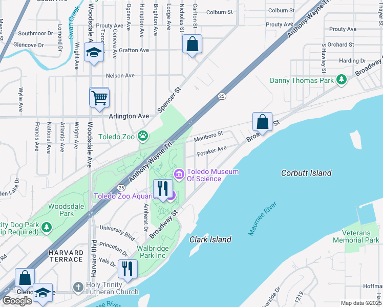 map of restaurants, bars, coffee shops, grocery stores, and more near 1030 Radcliffe Drive in Toledo