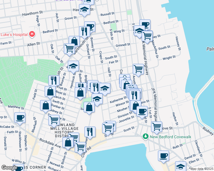 map of restaurants, bars, coffee shops, grocery stores, and more near 79 Crapo Street in New Bedford