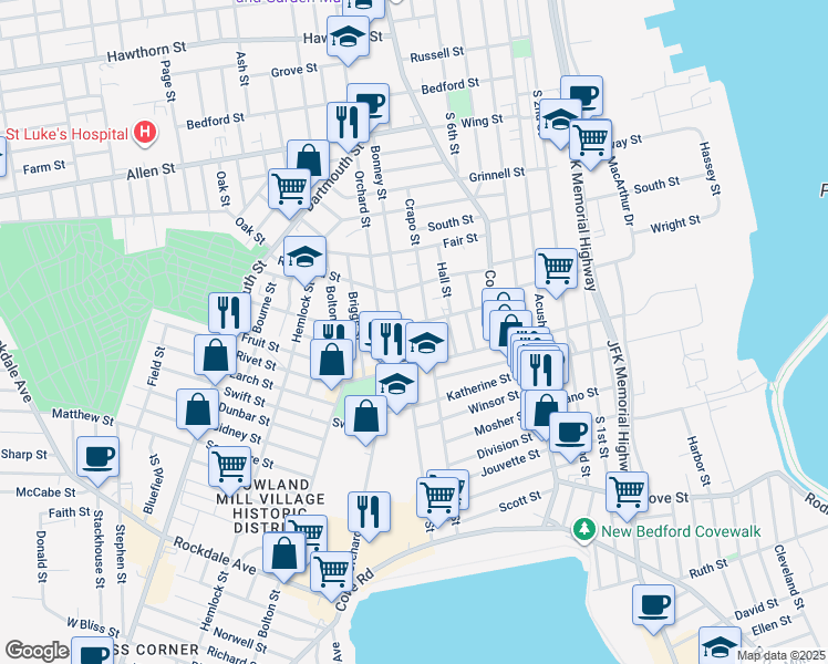 map of restaurants, bars, coffee shops, grocery stores, and more near 79 Crapo Street in New Bedford