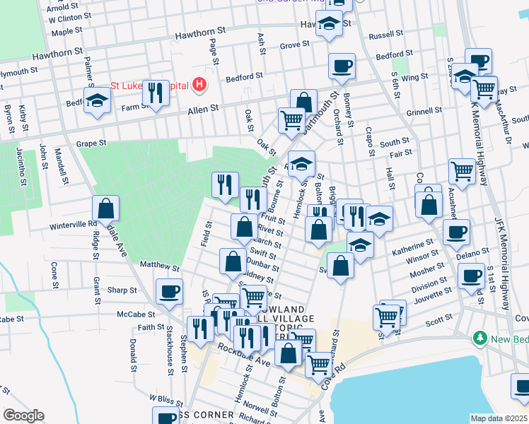 map of restaurants, bars, coffee shops, grocery stores, and more near 266 Dartmouth Street in New Bedford