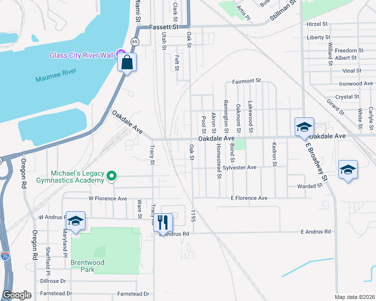 map of restaurants, bars, coffee shops, grocery stores, and more near 1645 Oak Street in Toledo
