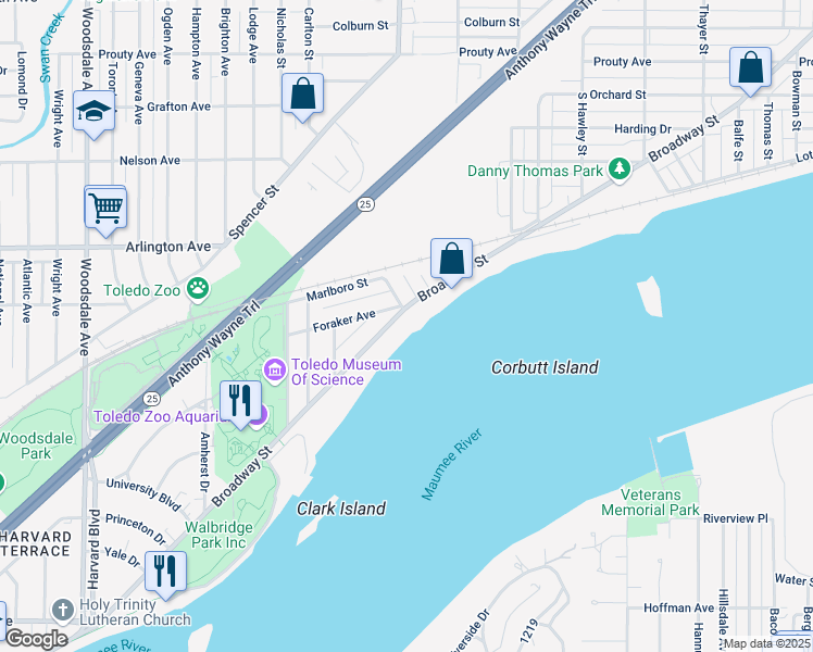 map of restaurants, bars, coffee shops, grocery stores, and more near 2531 Broadway Street in Toledo