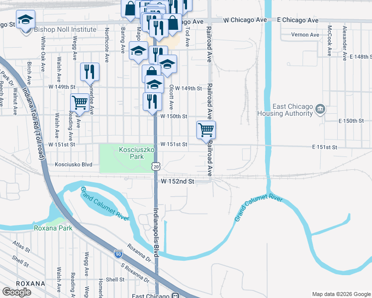 map of restaurants, bars, coffee shops, grocery stores, and more near 611 W 151st St in East Chicago