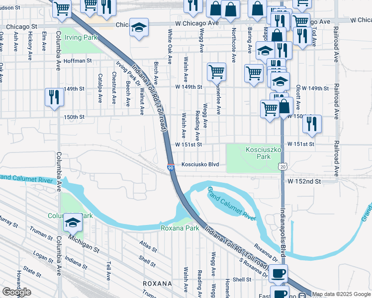 map of restaurants, bars, coffee shops, grocery stores, and more near 5119 Walsh Avenue in East Chicago