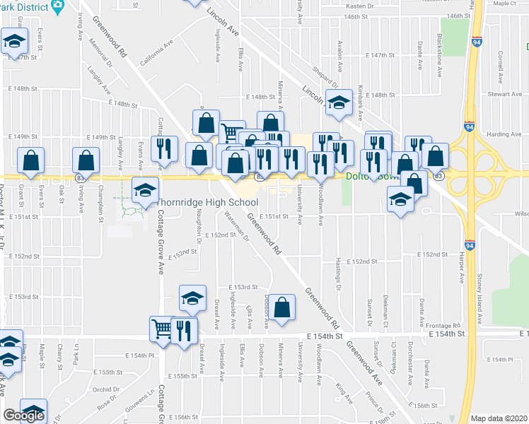 map of restaurants, bars, coffee shops, grocery stores, and more near 15100 Minerva Avenue in Dolton