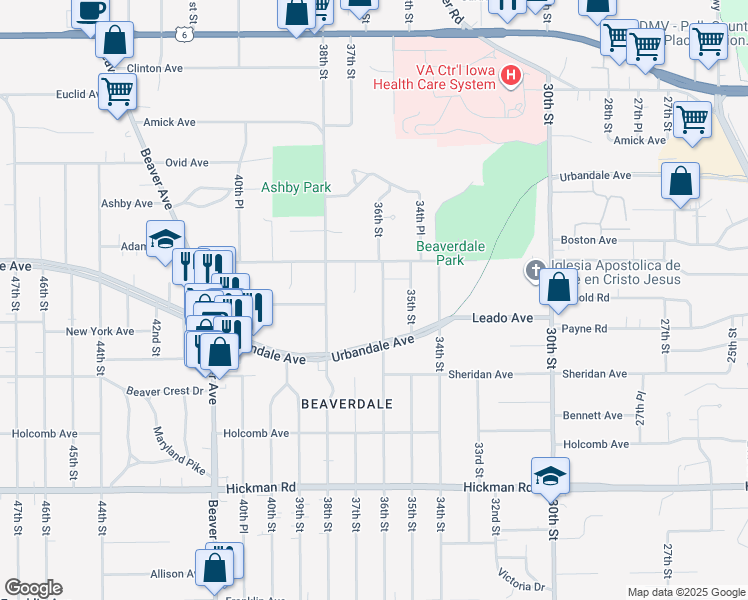 map of restaurants, bars, coffee shops, grocery stores, and more near 2824 36th Street in Des Moines