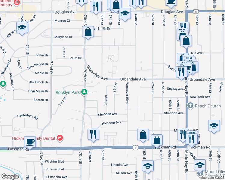 map of restaurants, bars, coffee shops, grocery stores, and more near 2800 67th Street in Des Moines