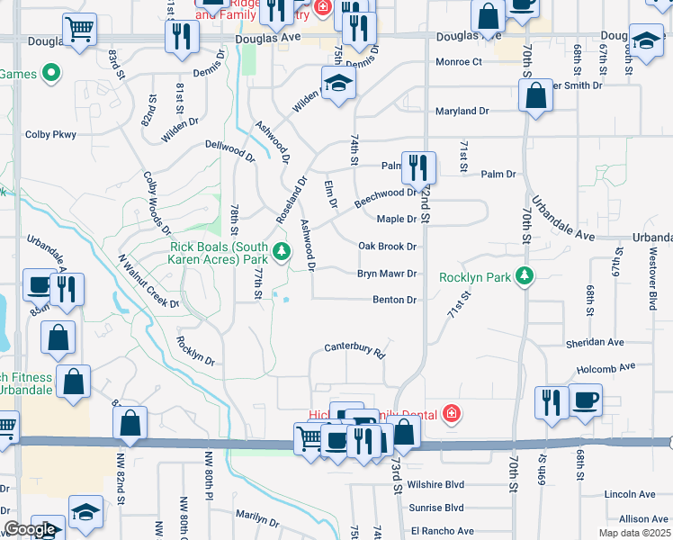 map of restaurants, bars, coffee shops, grocery stores, and more near 7412 Bryn Mawr Drive in Urbandale