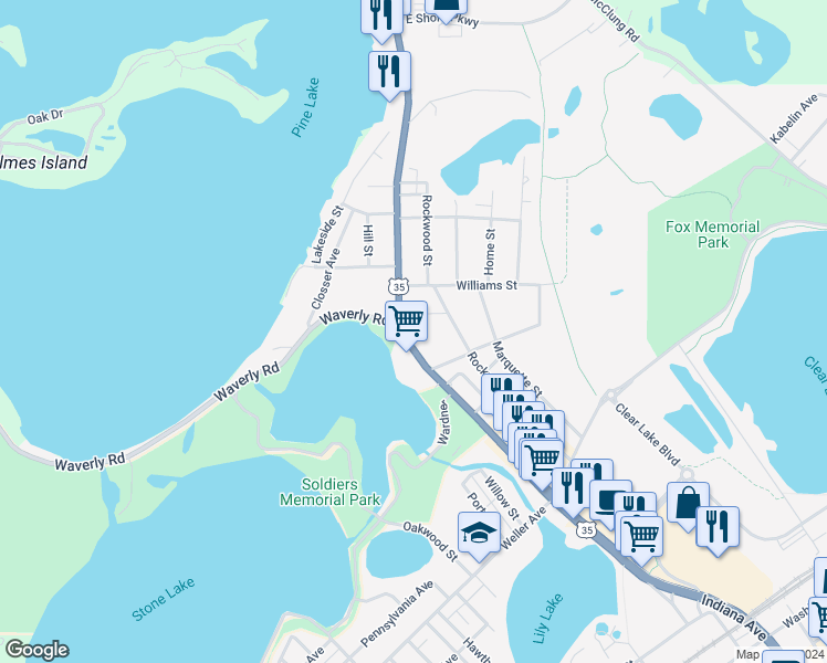 map of restaurants, bars, coffee shops, grocery stores, and more near 431 Pine Lake Avenue in La Porte