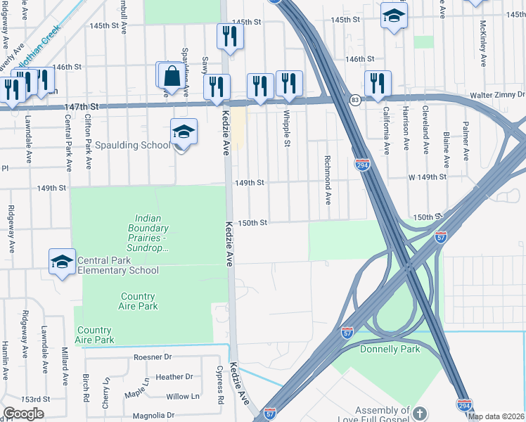 map of restaurants, bars, coffee shops, grocery stores, and more near 14938 Albany Avenue in Markham