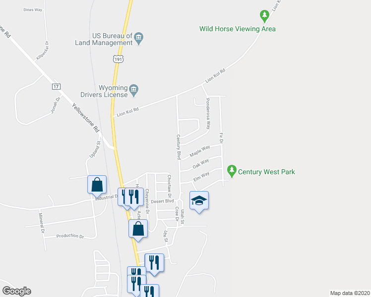 map of restaurants, bars, coffee shops, grocery stores, and more near 1008 Ponderosa Way in Rock Springs