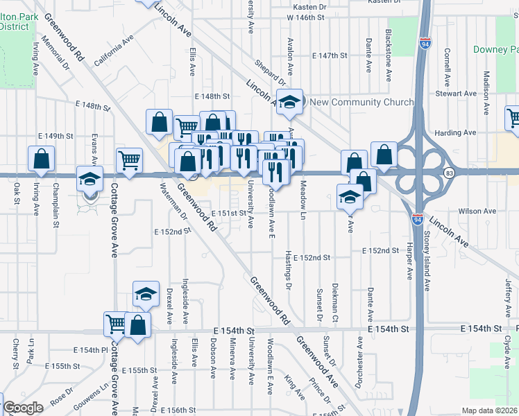 map of restaurants, bars, coffee shops, grocery stores, and more near 1138 East 151st Street in Dolton