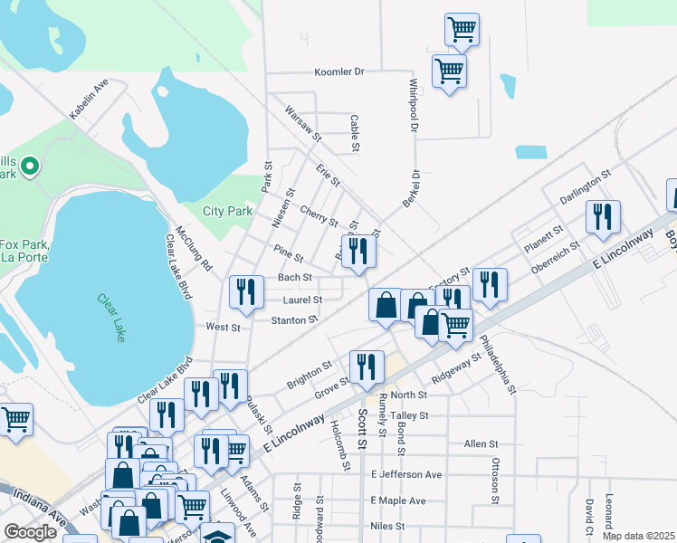 map of restaurants, bars, coffee shops, grocery stores, and more near 101 Belden Street in La Porte