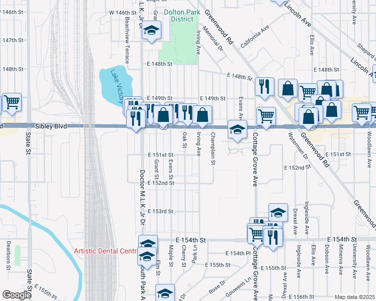 map of restaurants, bars, coffee shops, grocery stores, and more near 15104 Irving Avenue in Dolton