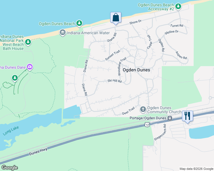 map of restaurants, bars, coffee shops, grocery stores, and more near 73 Ski Hill Road in Ogden Dunes