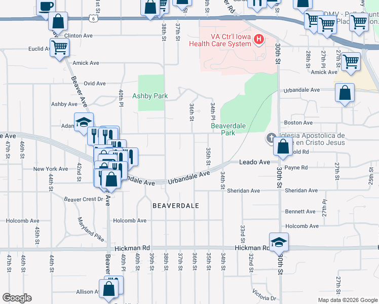 map of restaurants, bars, coffee shops, grocery stores, and more near 2824 36th Street in Des Moines