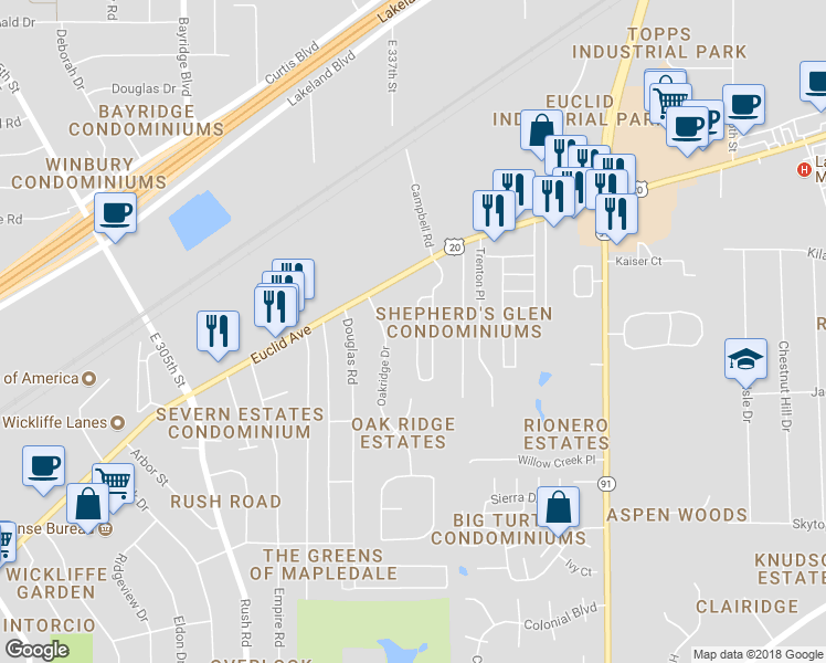 map of restaurants, bars, coffee shops, grocery stores, and more near 5211 Liberty Lane in Willoughby