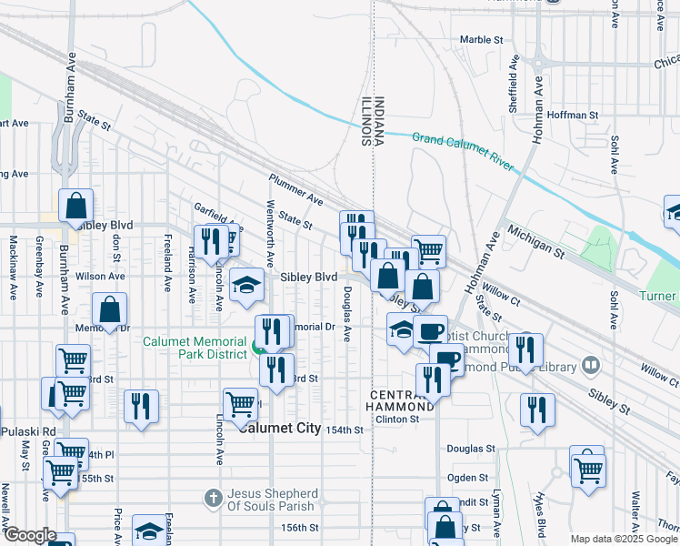 map of restaurants, bars, coffee shops, grocery stores, and more near 536 Douglas Avenue in Calumet City