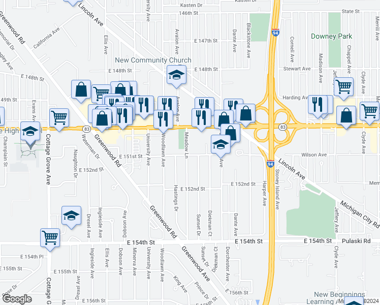 map of restaurants, bars, coffee shops, grocery stores, and more near 15043 Meadow Lane in Dolton