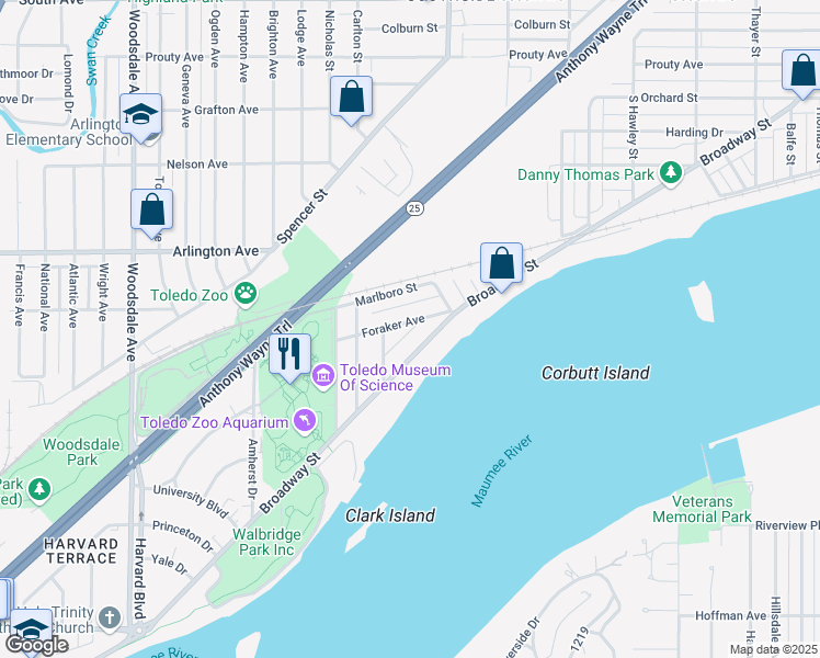 map of restaurants, bars, coffee shops, grocery stores, and more near 2541 Foraker Avenue in Toledo