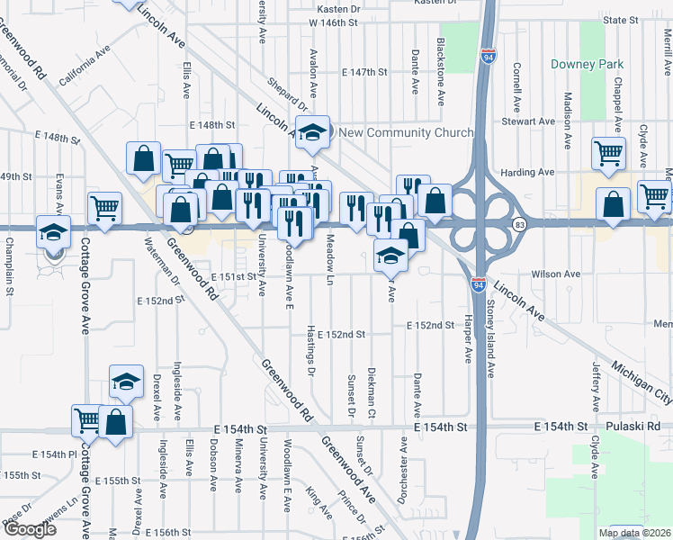 map of restaurants, bars, coffee shops, grocery stores, and more near 15110 Meadow Lane in Dolton