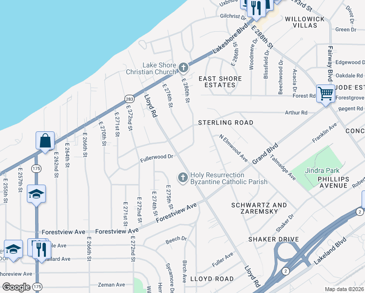 map of restaurants, bars, coffee shops, grocery stores, and more near 437 Lloyd Road in Euclid