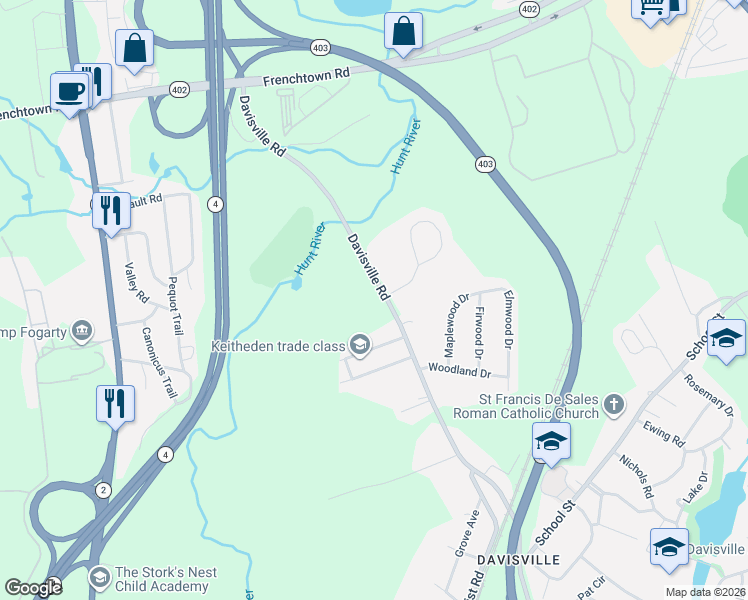 map of restaurants, bars, coffee shops, grocery stores, and more near 315 Davisville Road in North Kingstown