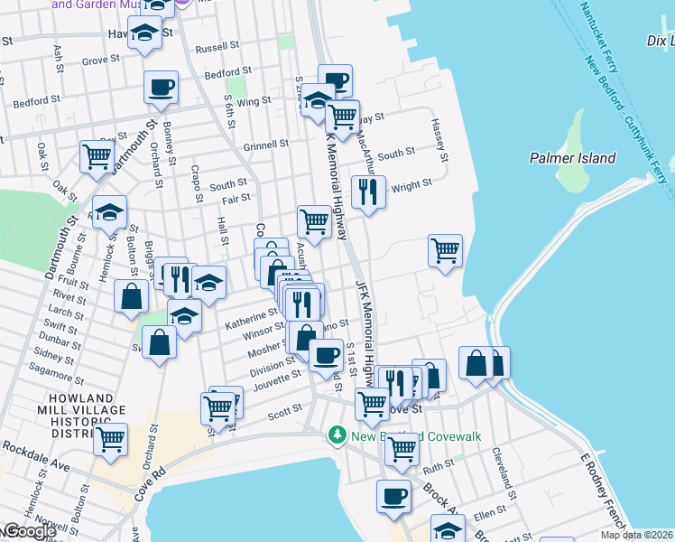 map of restaurants, bars, coffee shops, grocery stores, and more near 153 Blackmer Street in New Bedford