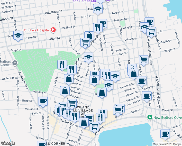 map of restaurants, bars, coffee shops, grocery stores, and more near 53 Fruit Street in New Bedford