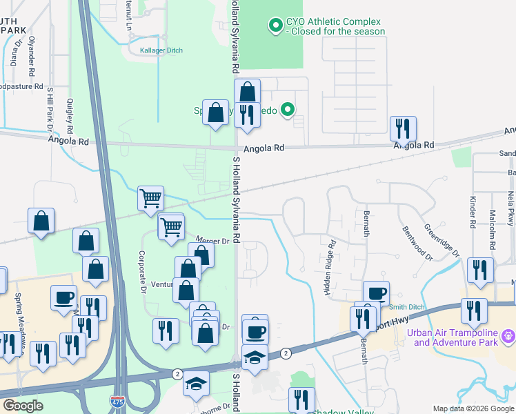 map of restaurants, bars, coffee shops, grocery stores, and more near 5892 Firethorne Drive in Toledo