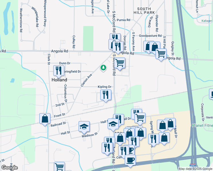 map of restaurants, bars, coffee shops, grocery stores, and more near 6829 Kipling Drive in Holland