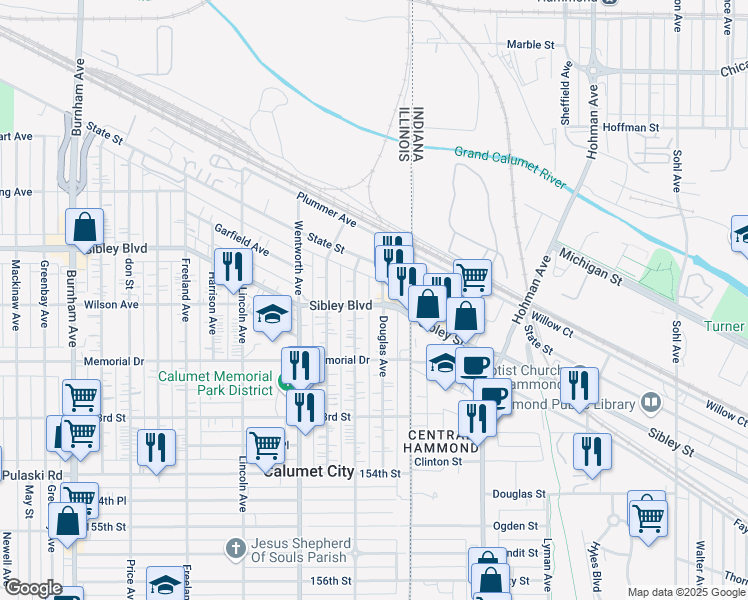 map of restaurants, bars, coffee shops, grocery stores, and more near 536 Douglas Avenue in Calumet City