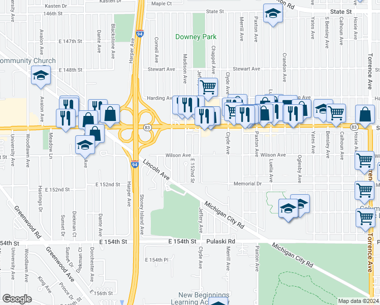 map of restaurants, bars, coffee shops, grocery stores, and more near 15105 Madison Avenue in Dolton