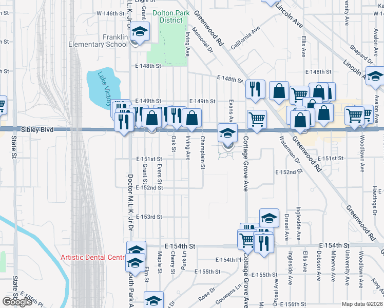 map of restaurants, bars, coffee shops, grocery stores, and more near 15104 Irving Avenue in Dolton