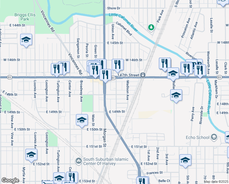 map of restaurants, bars, coffee shops, grocery stores, and more near 268 East 148th Street in Harvey