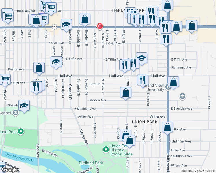 map of restaurants, bars, coffee shops, grocery stores, and more near 724 Grandview Avenue in Des Moines