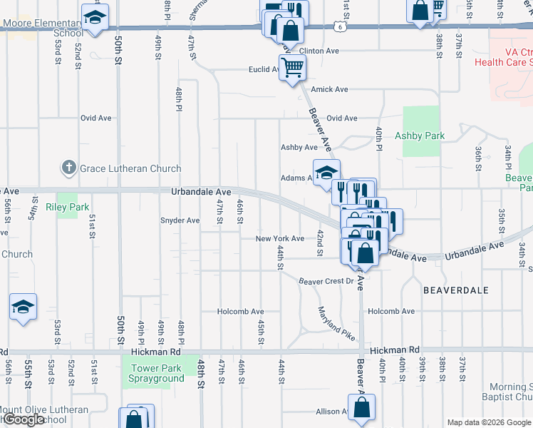 map of restaurants, bars, coffee shops, grocery stores, and more near 2824 45th Street in Des Moines
