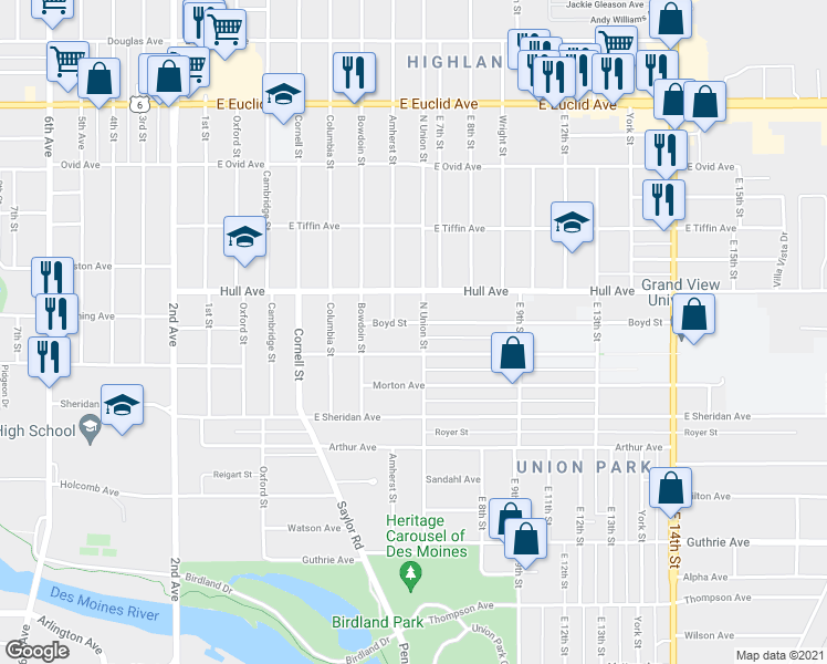 map of restaurants, bars, coffee shops, grocery stores, and more near 613 Boyd Street in Des Moines