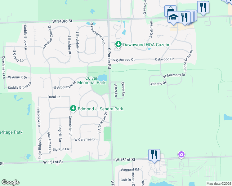 map of restaurants, bars, coffee shops, grocery stores, and more near 14706 Aster Lane in Homer Glen