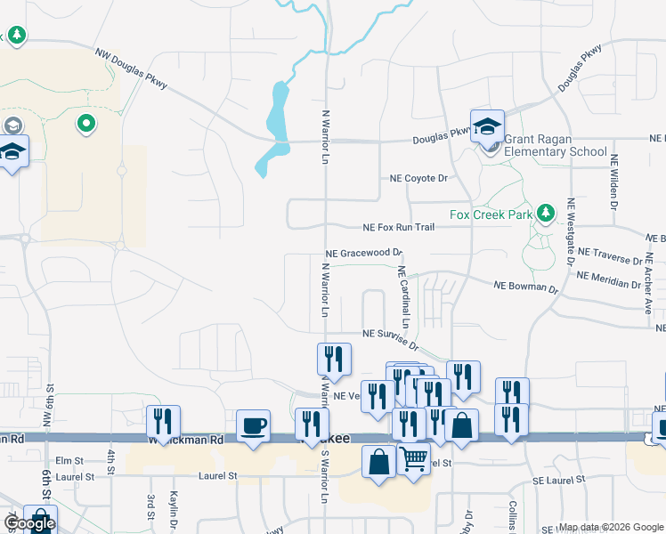 map of restaurants, bars, coffee shops, grocery stores, and more near 20 Northeast Grace Wood Drive in Waukee