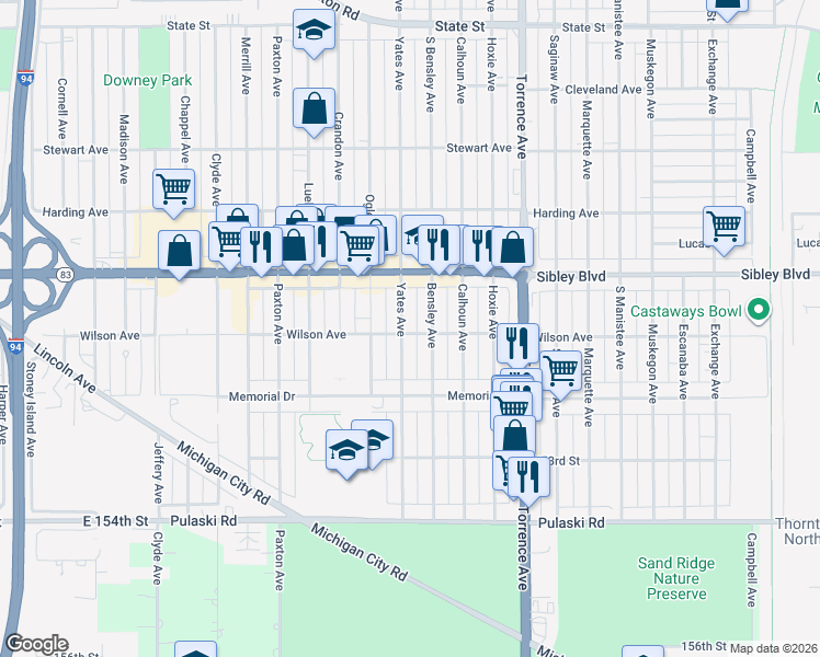 map of restaurants, bars, coffee shops, grocery stores, and more near 538 Yates Avenue in Calumet City