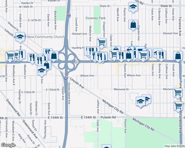 map of restaurants, bars, coffee shops, grocery stores, and more near 525 Madison Avenue in Calumet City