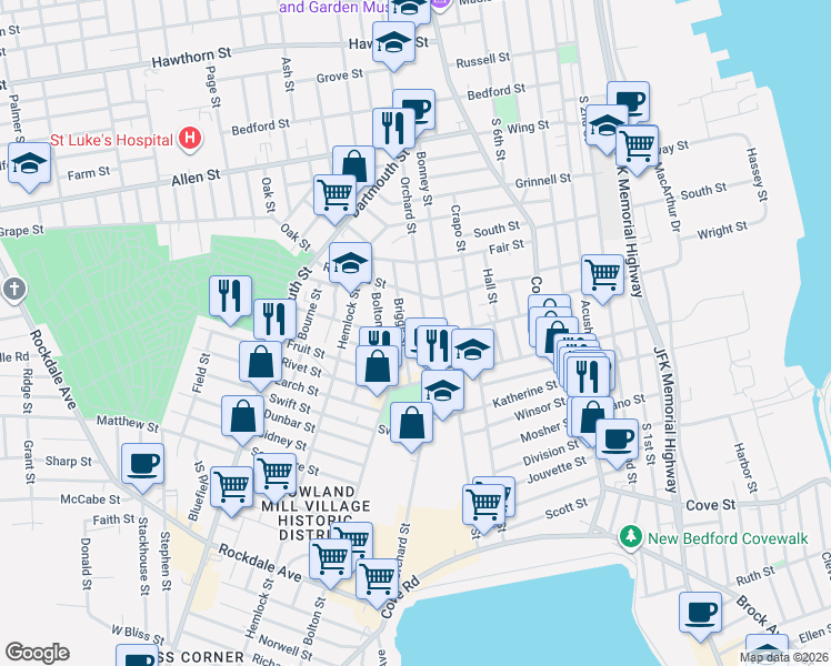 map of restaurants, bars, coffee shops, grocery stores, and more near 443 Orchard Street in New Bedford