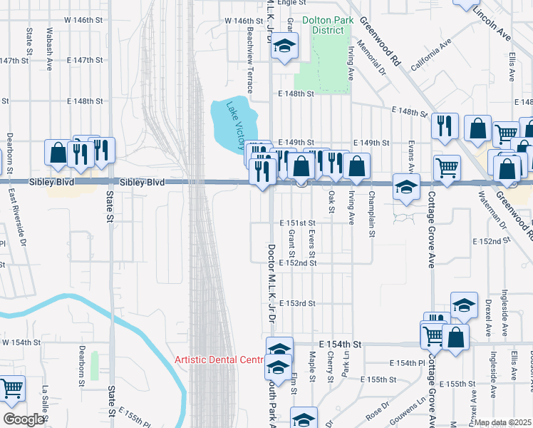 map of restaurants, bars, coffee shops, grocery stores, and more near 15038 Doctor Martin Luther King Junior Drive in Dolton