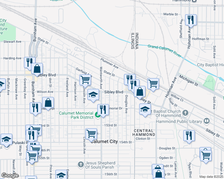 map of restaurants, bars, coffee shops, grocery stores, and more near 523 Ingraham Avenue in Calumet City