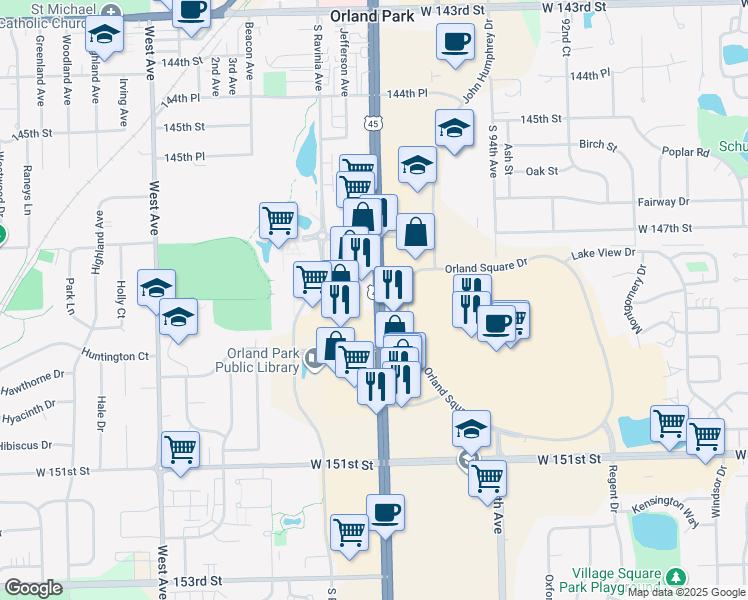 map of restaurants, bars, coffee shops, grocery stores, and more near 14846 South La Grange Road in Orland Park