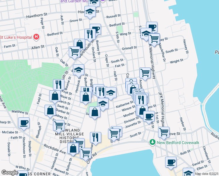 map of restaurants, bars, coffee shops, grocery stores, and more near 79 Crapo Street in New Bedford