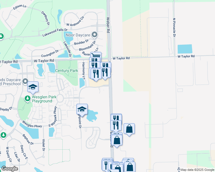map of restaurants, bars, coffee shops, grocery stores, and more near 80 South Weber Road in Romeoville